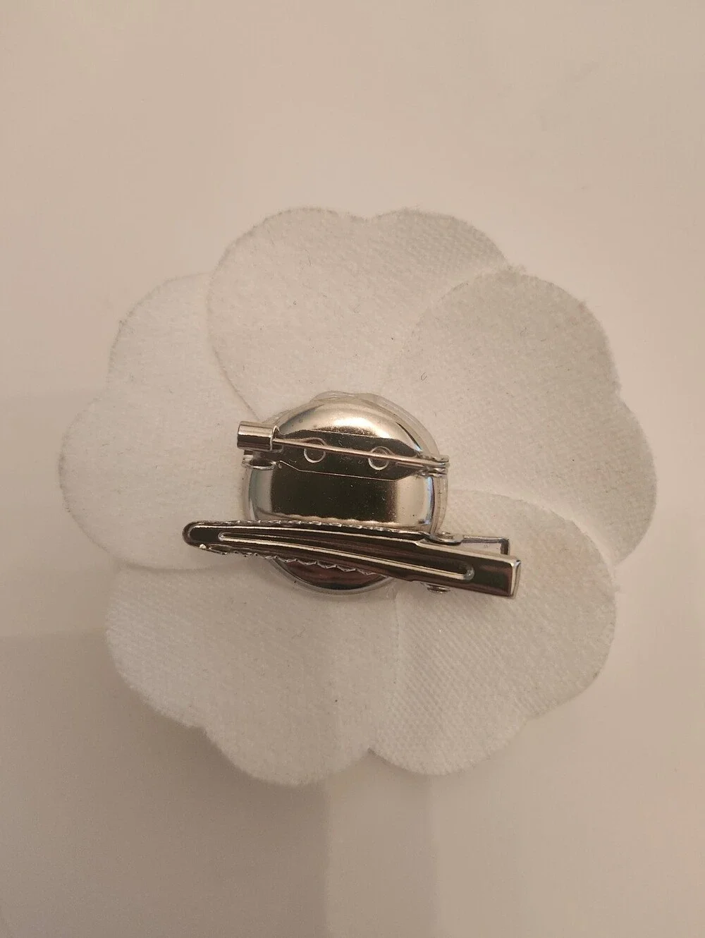 White Vintage Chanel Fabric Camellia Handmade Handmade Into A Clip Or Brooch